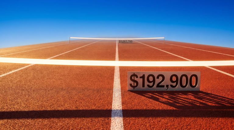 Athletics track with two finish lines showing median $192,900 vs mean $1,063,700 net worth benchmarks