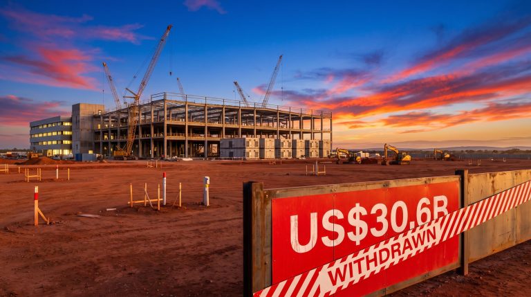 Half-built data-centre site with US$30.6B hoarding and withdrawn banner illustrating the failed Firmus IPO