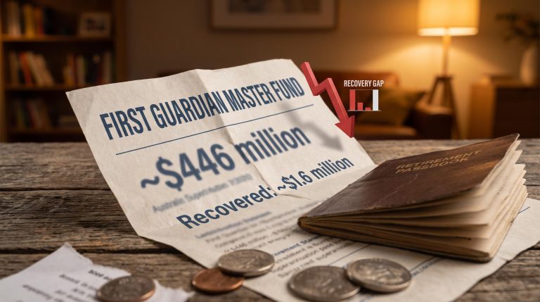 Crumpled First Guardian Master Fund statement showing $446M owed against $1.6M recovered, retirement savings lost