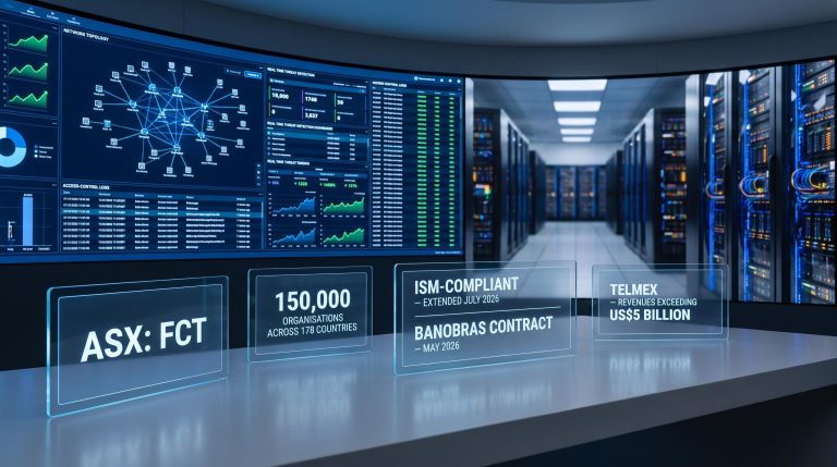 Firstwave FCT cybersecurity screens show ISM-compliant government contract data across 150,000 organisations in 178 countries