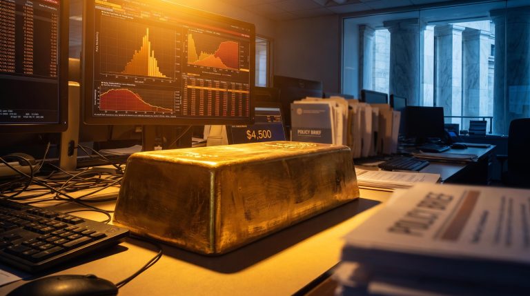 Gold bar in sharp focus against blurred Fed rate monitors as fiscal dominance fears drive prices above $4,500