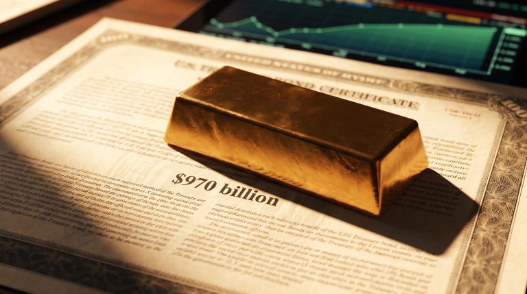 Gold bar resting on a US Treasury bond document as fiscal dominance investing reshapes bond and equity relationships