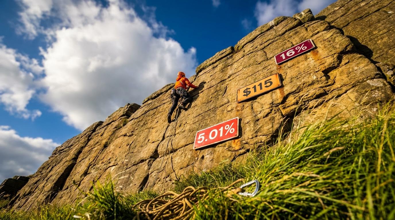 Climber scaling a stone wall past warning signs reading 5.01%, $115 and 16%, a Fisher Investments bull market wall of worry