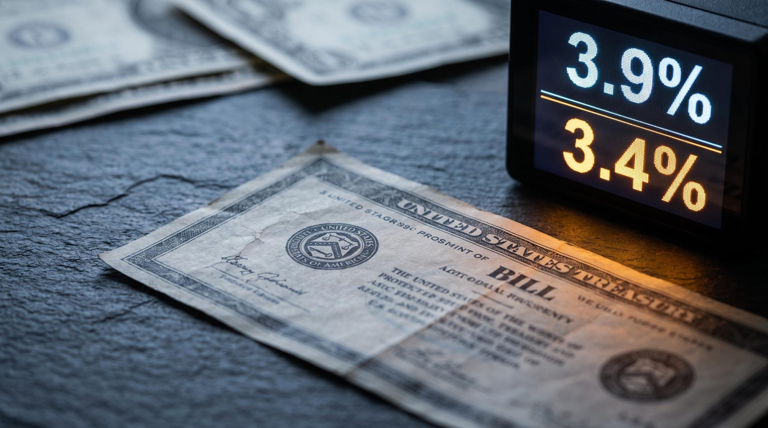 Treasury bill document beside a terminal showing 3.9% yield vs 3.4% CPI, illustrating fixed income alternatives