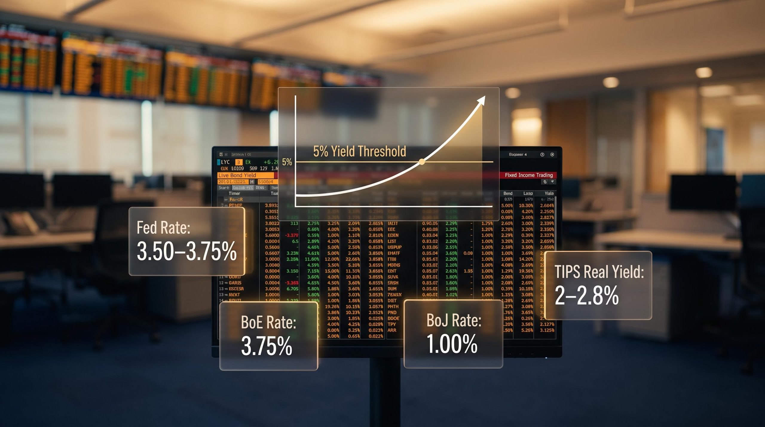 Fixed income trading terminal showing Fed rate 3.50–3.75% and bond yield data panels in a professional trading environment