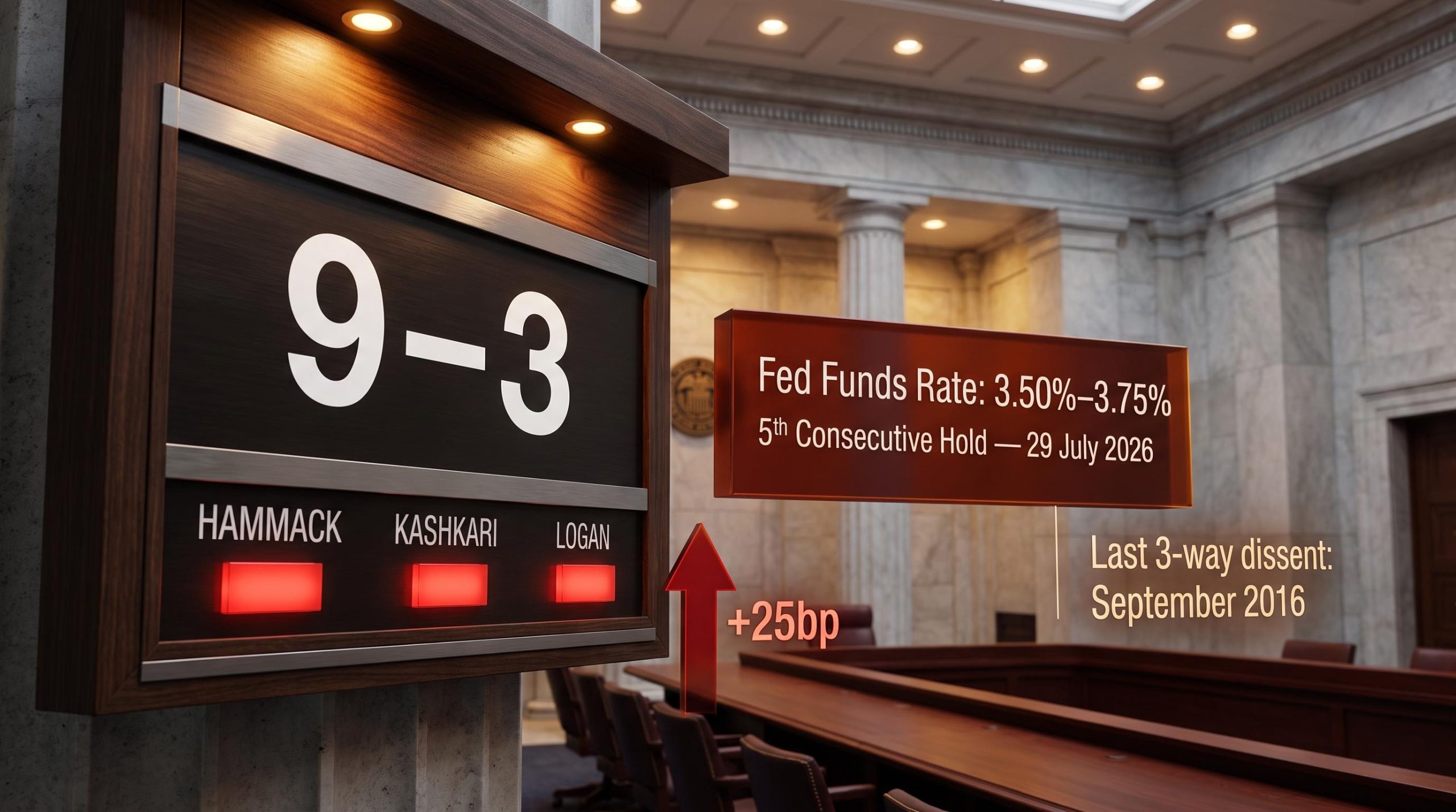 FOMC 9-3 vote board showing Hammack, Kashkari, Logan dissent with 3.50%–3.75% rate hold overlay