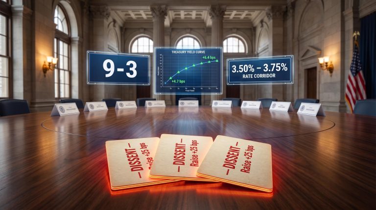 9-3 FOMC vote split with dissent cards and Treasury yield moves of +4.7 bps and +6.4 bps displayed