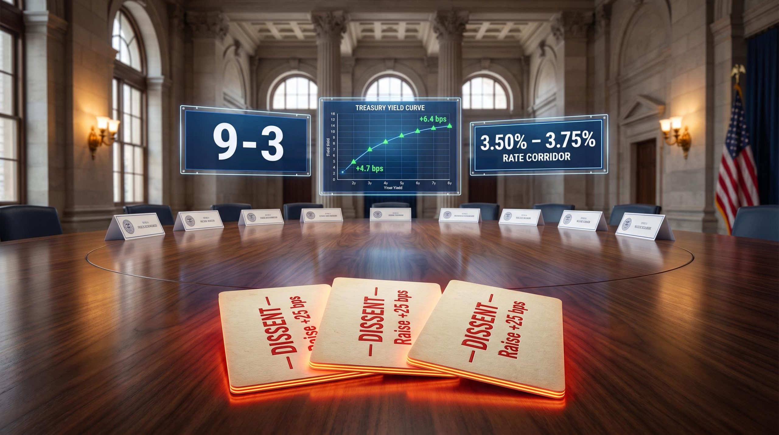 9-3 FOMC vote split with dissent cards and Treasury yield moves of +4.7 bps and +6.4 bps displayed