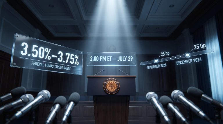 Empty Federal Reserve podium with FOMC rate range 3.50%–3.75% and July 29 data panels — FOMC meeting expectations
