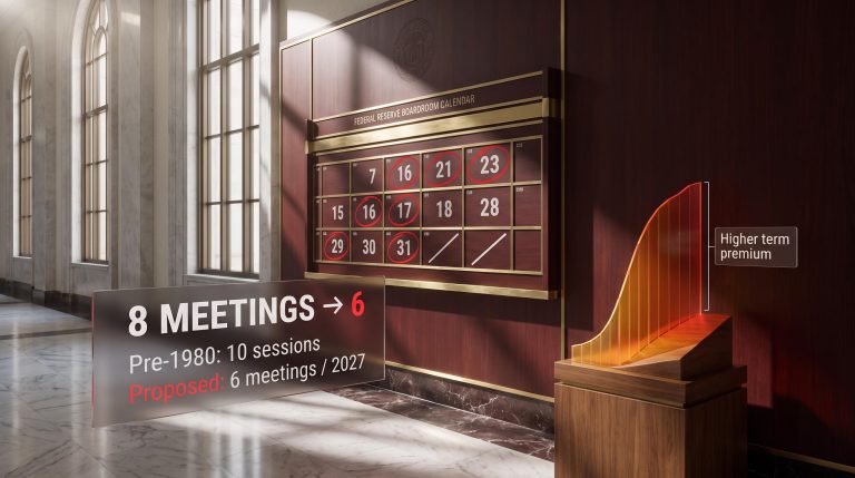 Federal Reserve meeting calendar with 6 sessions circled in red as FOMC frequency cut to 6 discussed for 2027