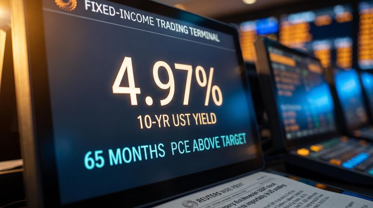 US 10-year Treasury yield at 4.97% on a bond trading terminal as FOMC rate hike expectations reach 90%
