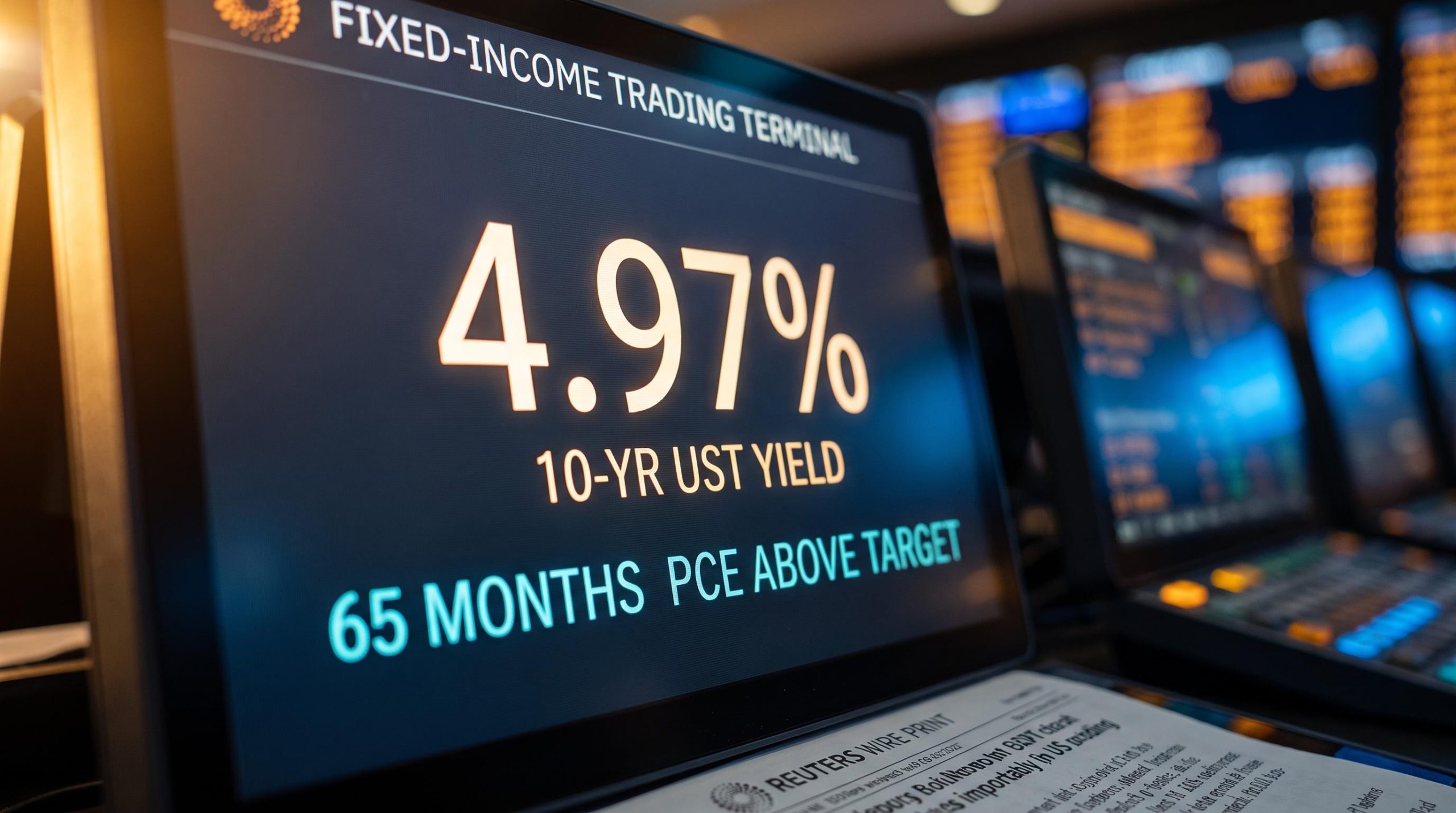US 10-year Treasury yield at 4.97% on a bond trading terminal as FOMC rate hike expectations reach 90%