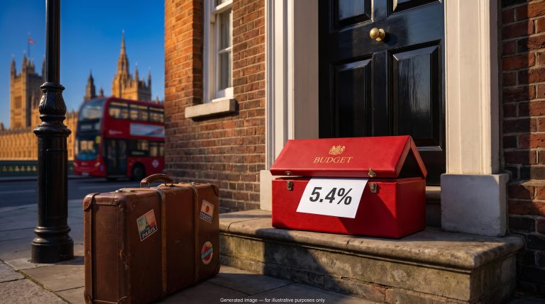 Red Budget dispatch box on Downing Street steps showing 5.4% as foreign investors in UK gilts hold back