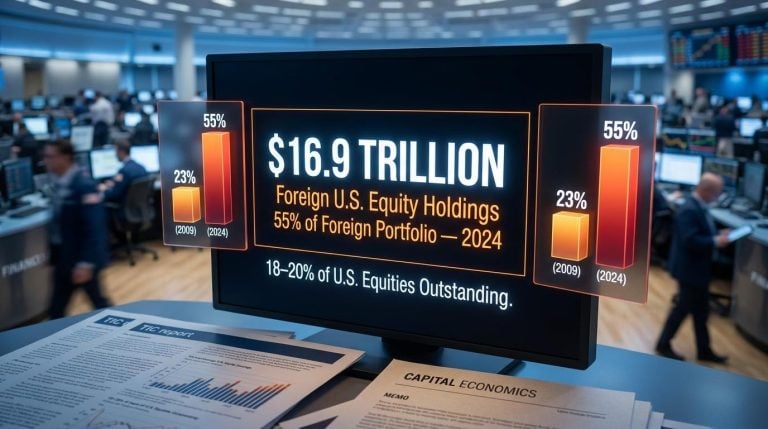 Capital Economics data showing $16.9 trillion foreign ownership of U.S. stocks at 55% equity share on trading terminal