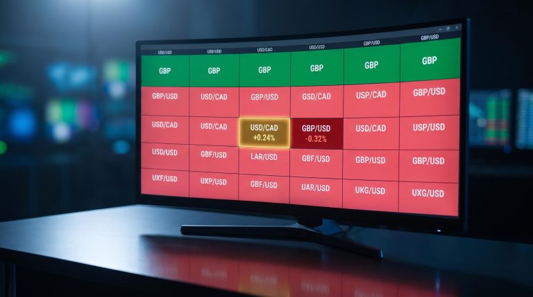 Forex currency heat map terminal showing GBP in green and USD/CAD in amber amid red — mixed dollar session explainer