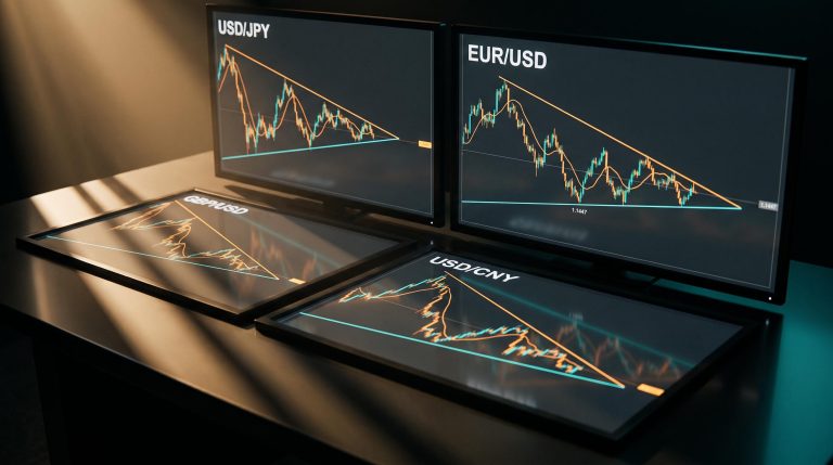 Four currency pair charts compressing simultaneously — forex technical analysis of USD/JPY, EUR/USD, GBP/USD, USD/CNY