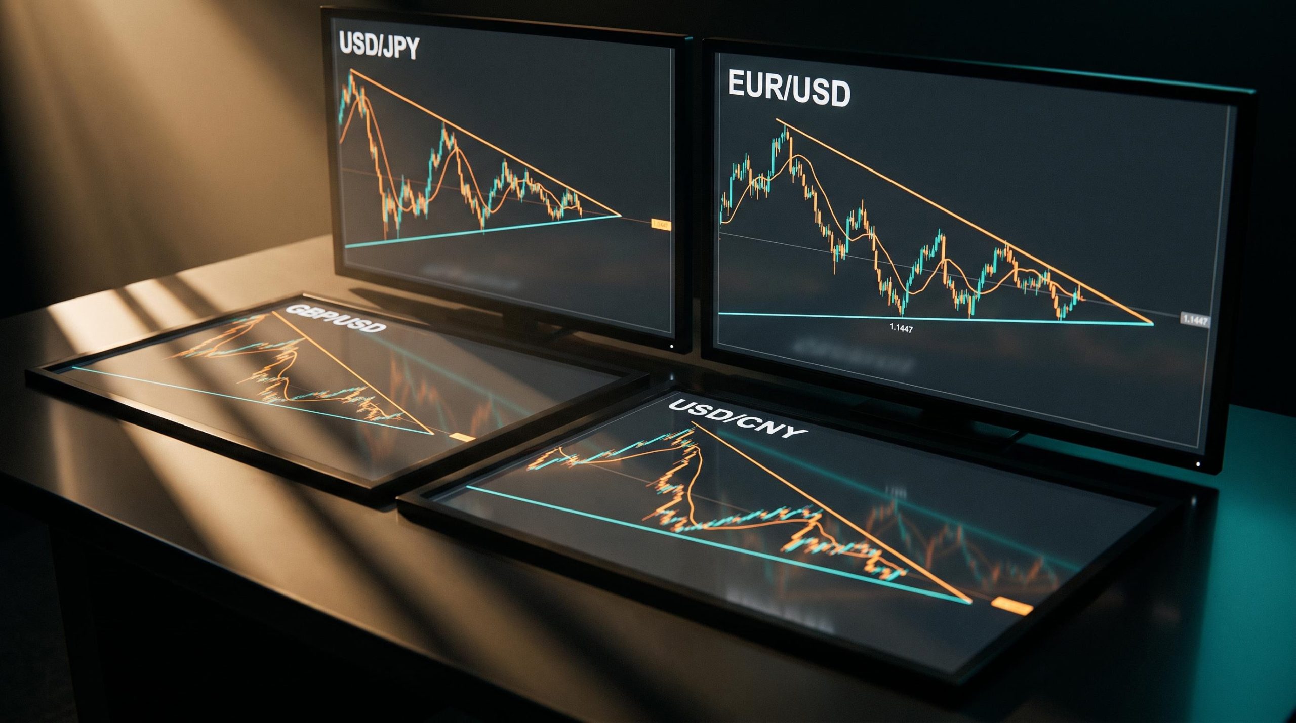 Four currency pair charts compressing simultaneously — forex technical analysis of USD/JPY, EUR/USD, GBP/USD, USD/CNY