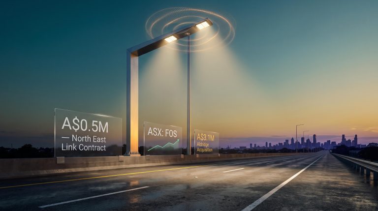 FOS Capital ASX smart freeway lighting gantry at dusk with North East Link contract data overlays