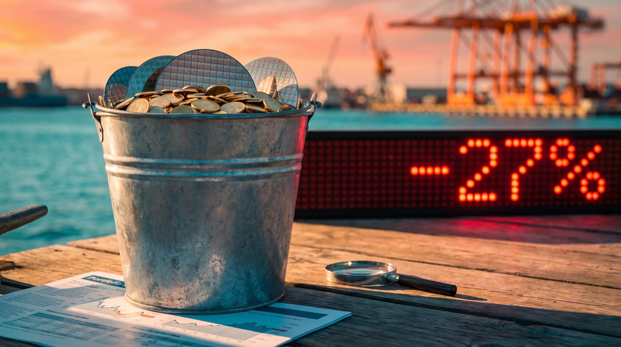 Steel bucket of semiconductor wafers beside a red "-27%" ticker, illustrating four-bucket ETF portfolio risk