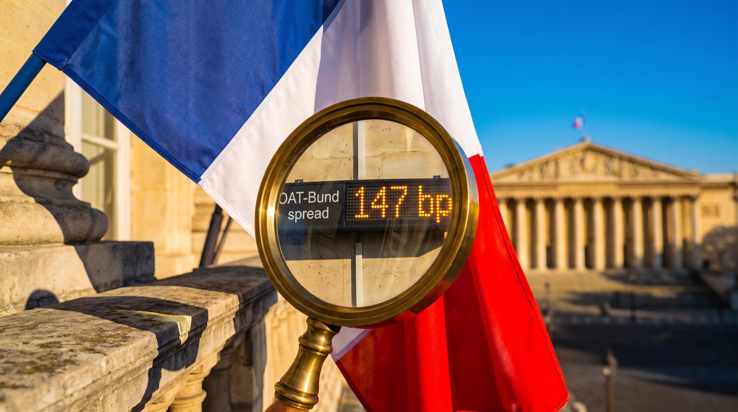 Magnifying glass over a ticker showing France bond yields OAT-Bund spread of 147 bp before a French flag and parliament