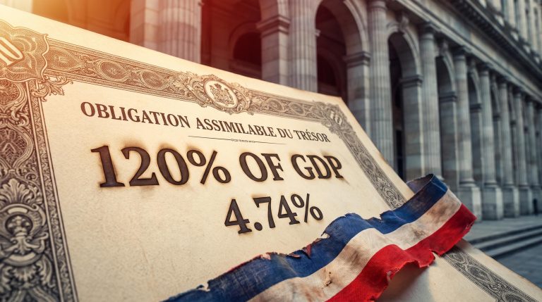 French OAT bond document showing 120% GDP debt level as ECB warning widens OAT-Bund spread to 111bps