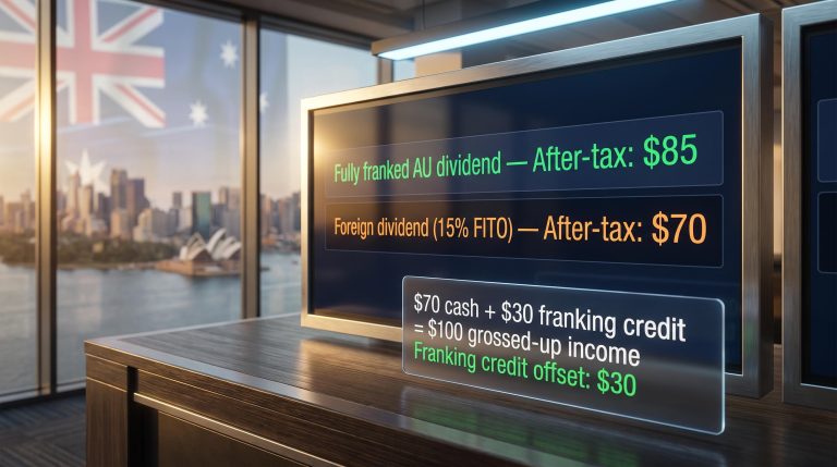 Franking credits dividend comparison screen showing AU after-tax $85 vs foreign dividend $70 in Sydney finance setting