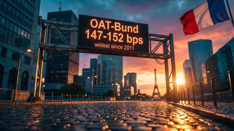 Paris skyline at sunset with a ticker board showing the French bond spread at 147-152 bps, the widest since 2011