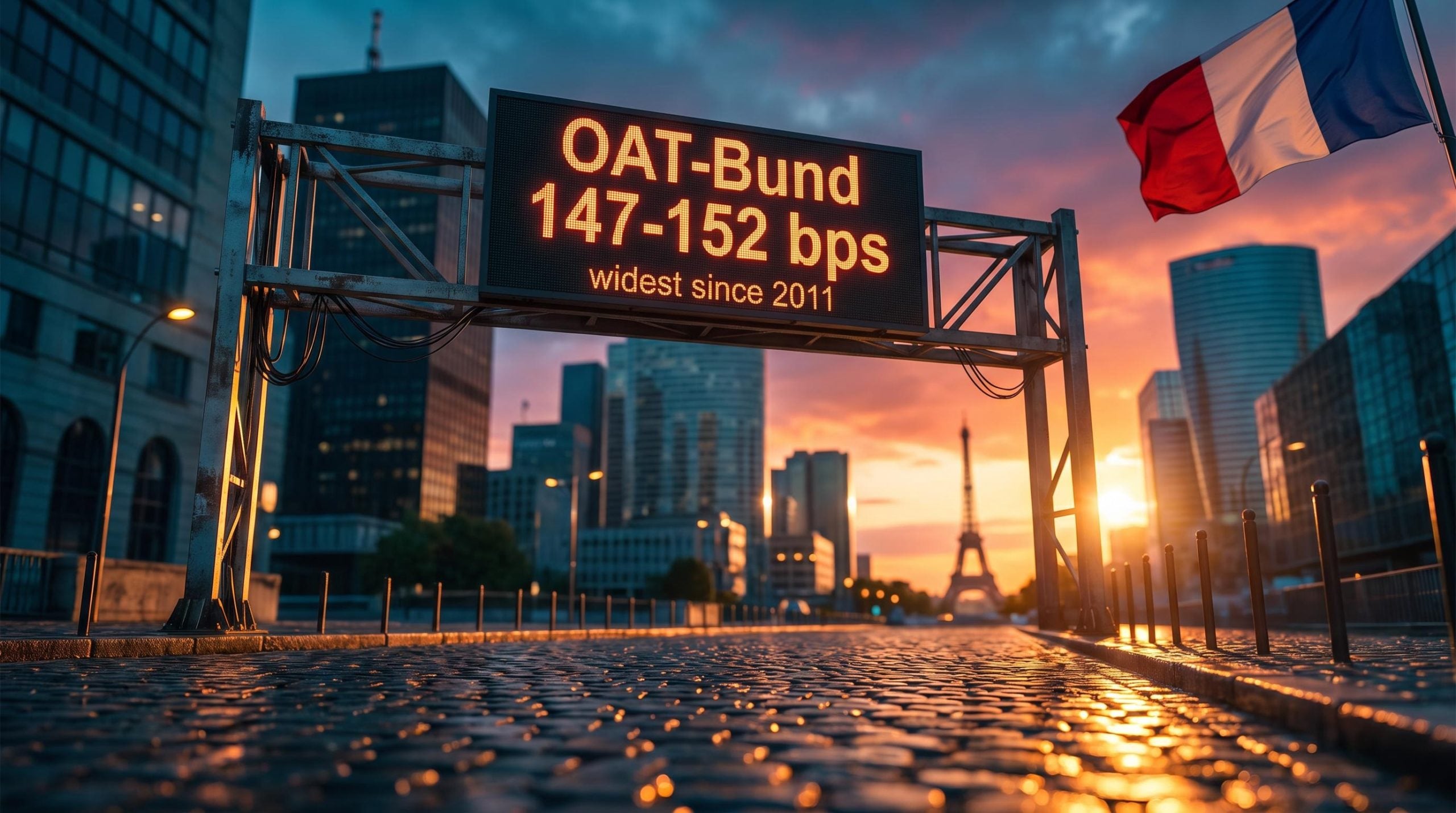 Paris skyline at sunset with a ticker board showing the French bond spread at 147-152 bps, the widest since 2011