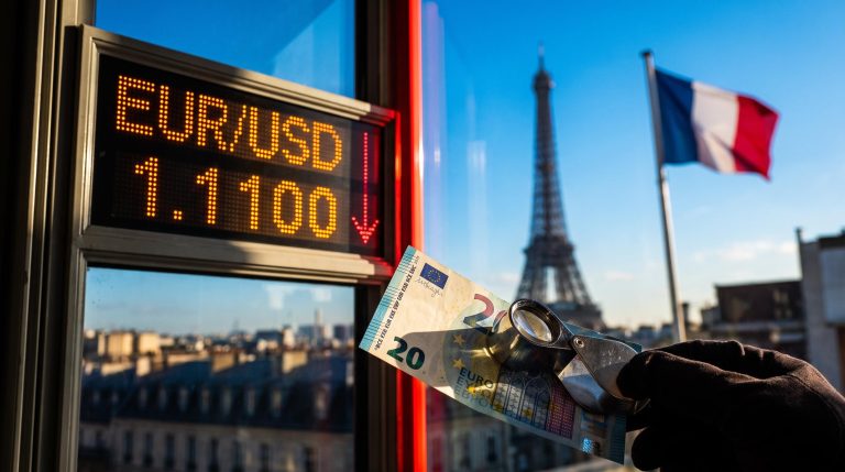 Euro banknote and EUR/USD 1.1100 rate board against Paris skyline as French bond turbulence weighs on the euro