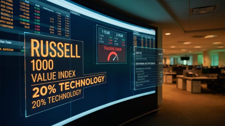 Fund manager benchmark terminal showing Russell 1000 Value Index, AUM fee, and 1-3 year performance data with no investor goals visible