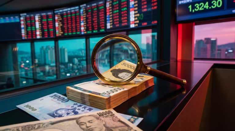 Magnifying loupe over a cracked Korean won note beside KRW 1,324.30 screen, symbolising FX positioning 2027 risk
