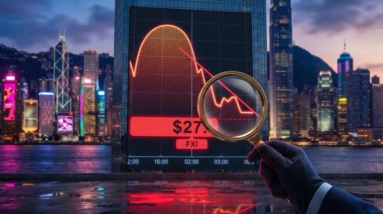 FXI technical analysis: magnifier over a rounded-top chart on a Hong Kong billboard, with a $27 target below a broken trend line