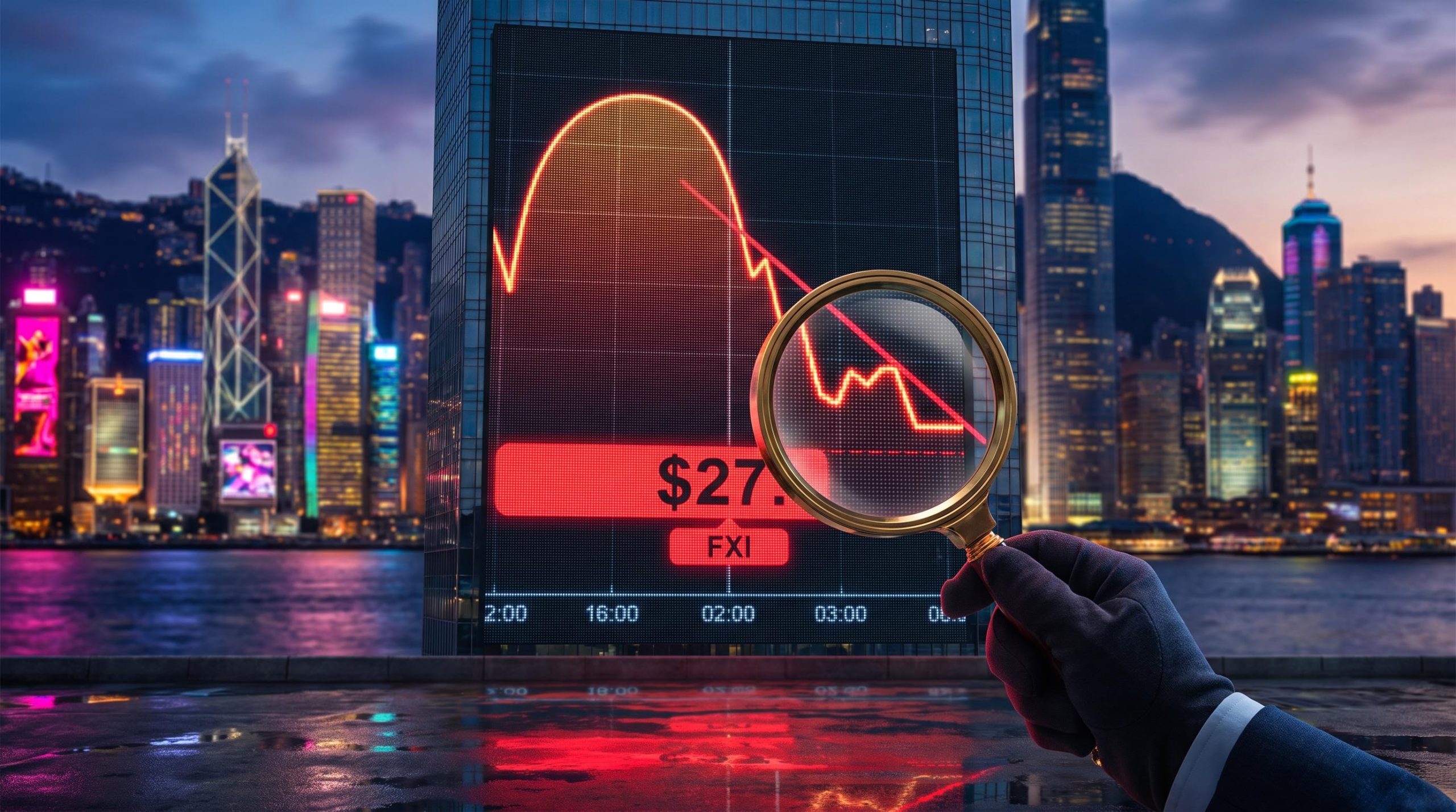 FXI technical analysis: magnifier over a rounded-top chart on a Hong Kong billboard, with a $27 target below a broken trend line