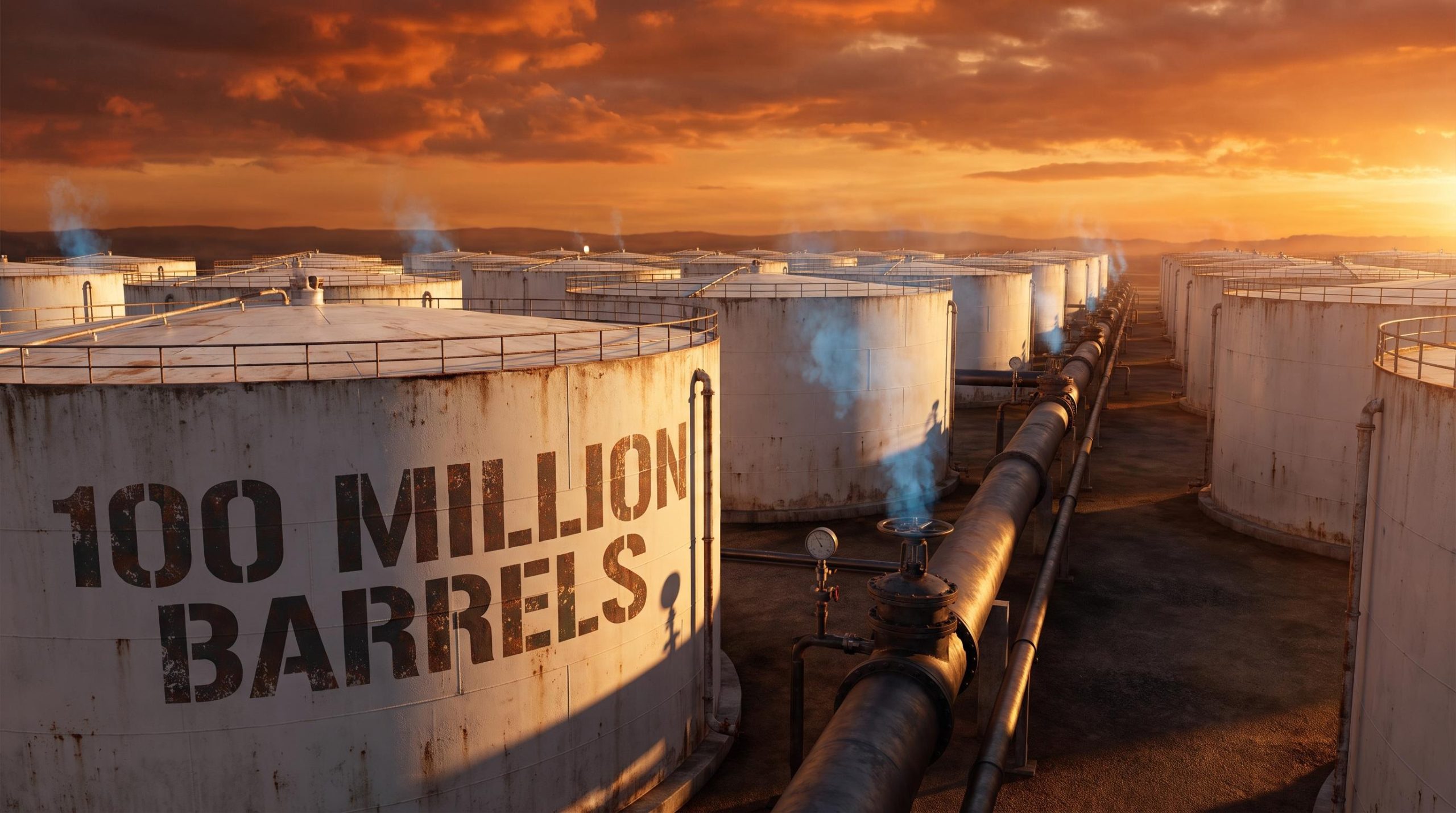 G7 oil reserve release: strategic petroleum tank farm with 100 million barrels stencilled on steel at emergency drawdown