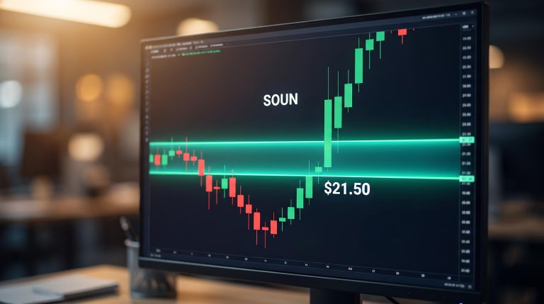 Candlestick chart gap-filling technical analysis with glowing price gap void and $21.50 support level on SOUN