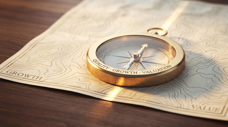 Brass compass on topographic map representing GARP investing Australia's growth-quality-valuation framework