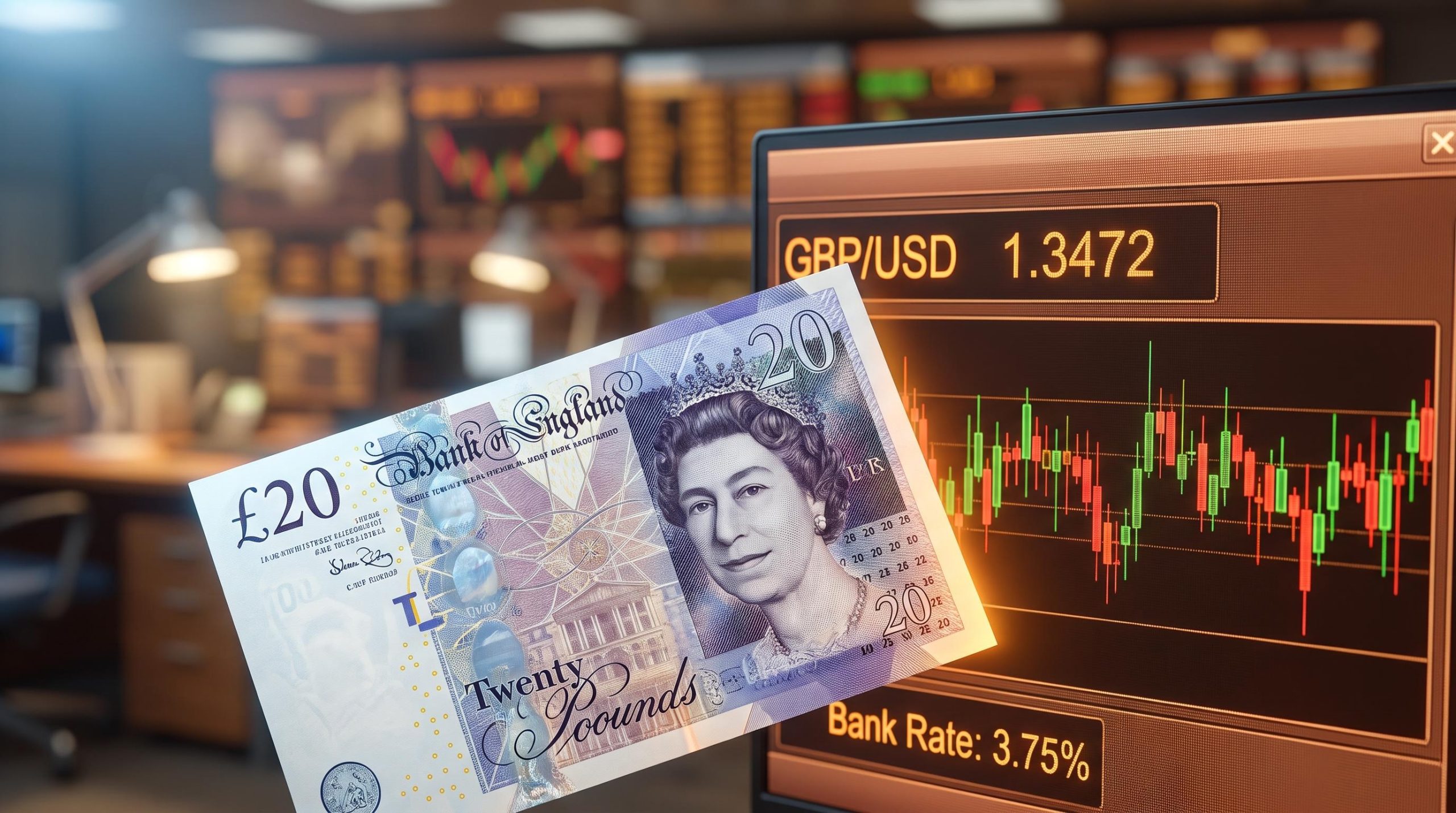 GBP/USD rate at 1.3472 on trading terminal behind sterling banknote as BoE holds at 3.75%