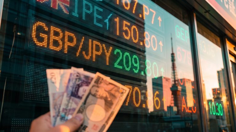 GBP/JPY forecast: exchange board showing 209.80 beside pound and yen banknotes against a golden Tokyo skyline