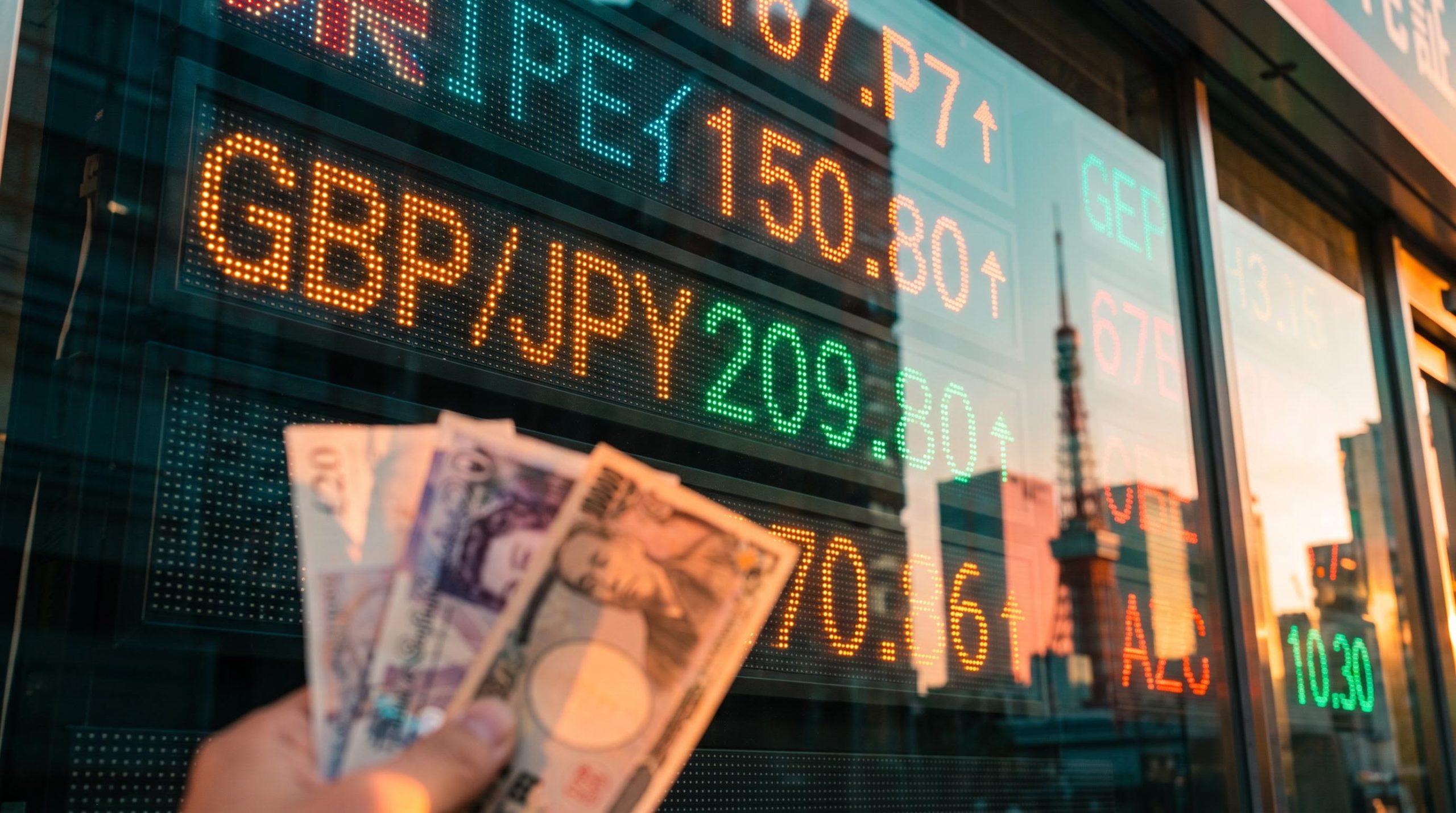 GBP/JPY forecast: exchange board showing 209.80 beside pound and yen banknotes against a golden Tokyo skyline