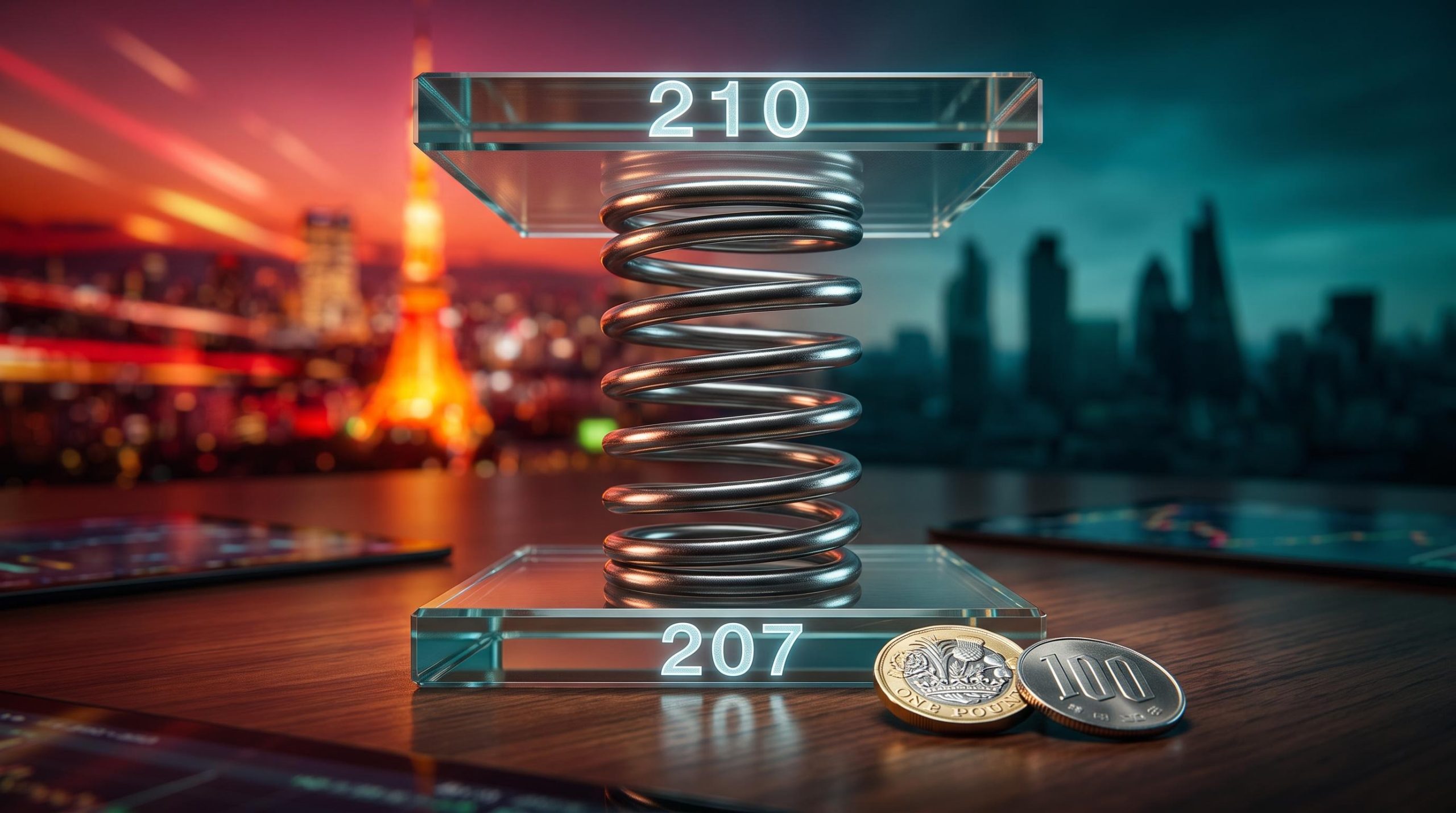 Compressed steel spring between glass plates marked 210 and 207, illustrating the GBP/JPY forecast range squeeze