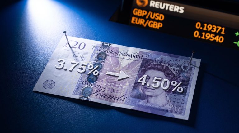 British pound note overlaid with 3.75% and 4.50% rate gap as GBP outlook faces BoE swaps mispricing risk