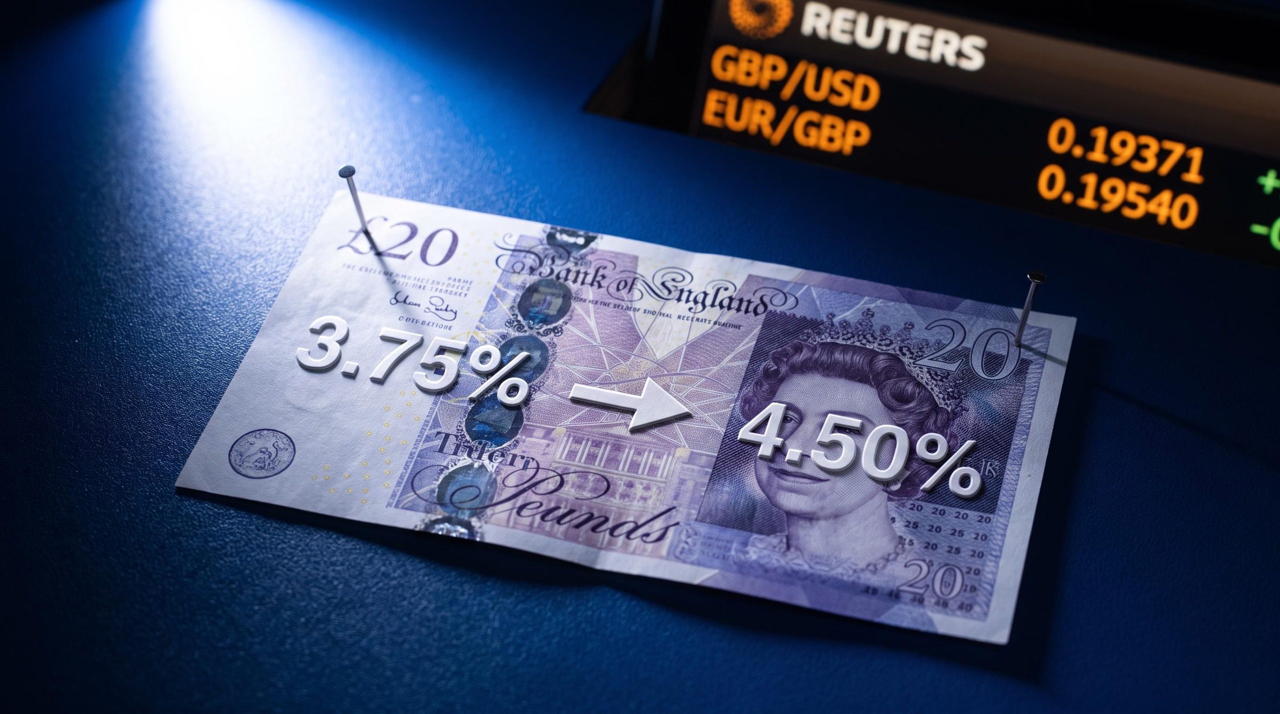 British pound note overlaid with 3.75% and 4.50% rate gap as GBP outlook faces BoE swaps mispricing risk