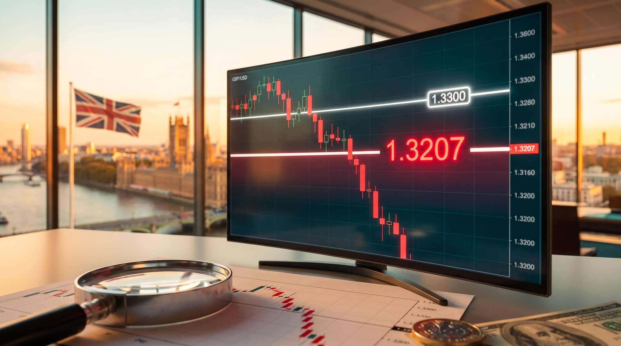 GBP/USD analysis: trading screen showing sterling sliding to 1.3207 against the dollar with London skyline behind