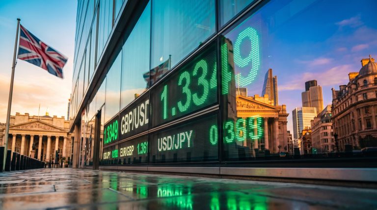 GBP/USD forecast: London exchange board showing 1.3349 as sterling breaks its three-week range at golden hour