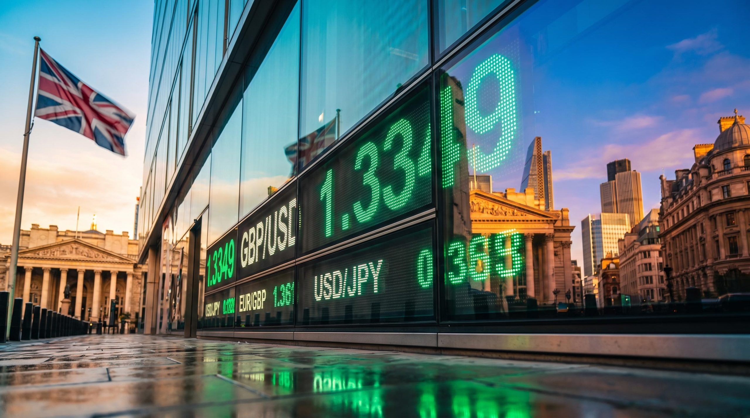 GBP/USD forecast: London exchange board showing 1.3349 as sterling breaks its three-week range at golden hour