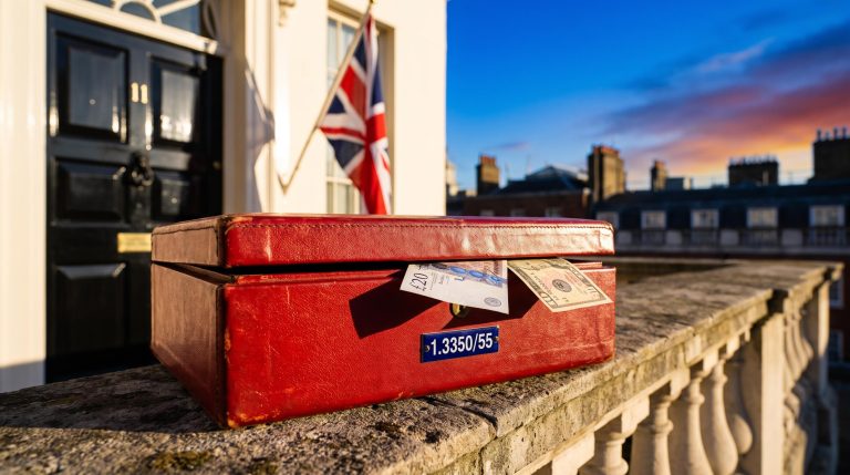 Red Budget despatch box with pound and dollar notes outside Downing Street, GBP USD forecast ahead of the Budget