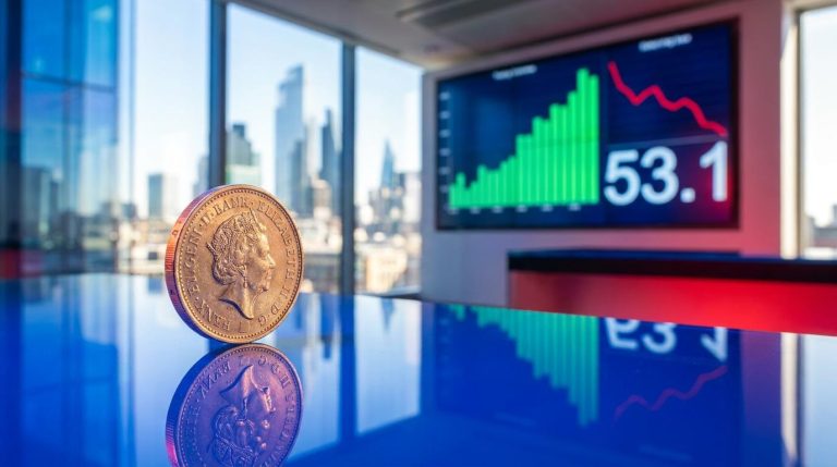 Sterling pound coin on edge before a trading screen showing 53.1 PMI, illustrating the GBP/USD forecast after strong UK data