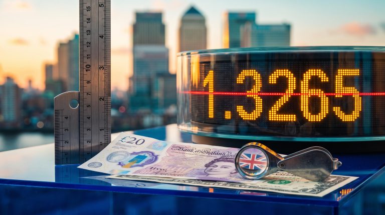 GBP/USD technical outlook: sterling note beside an amber 1.3265 price display with a red line crossing it