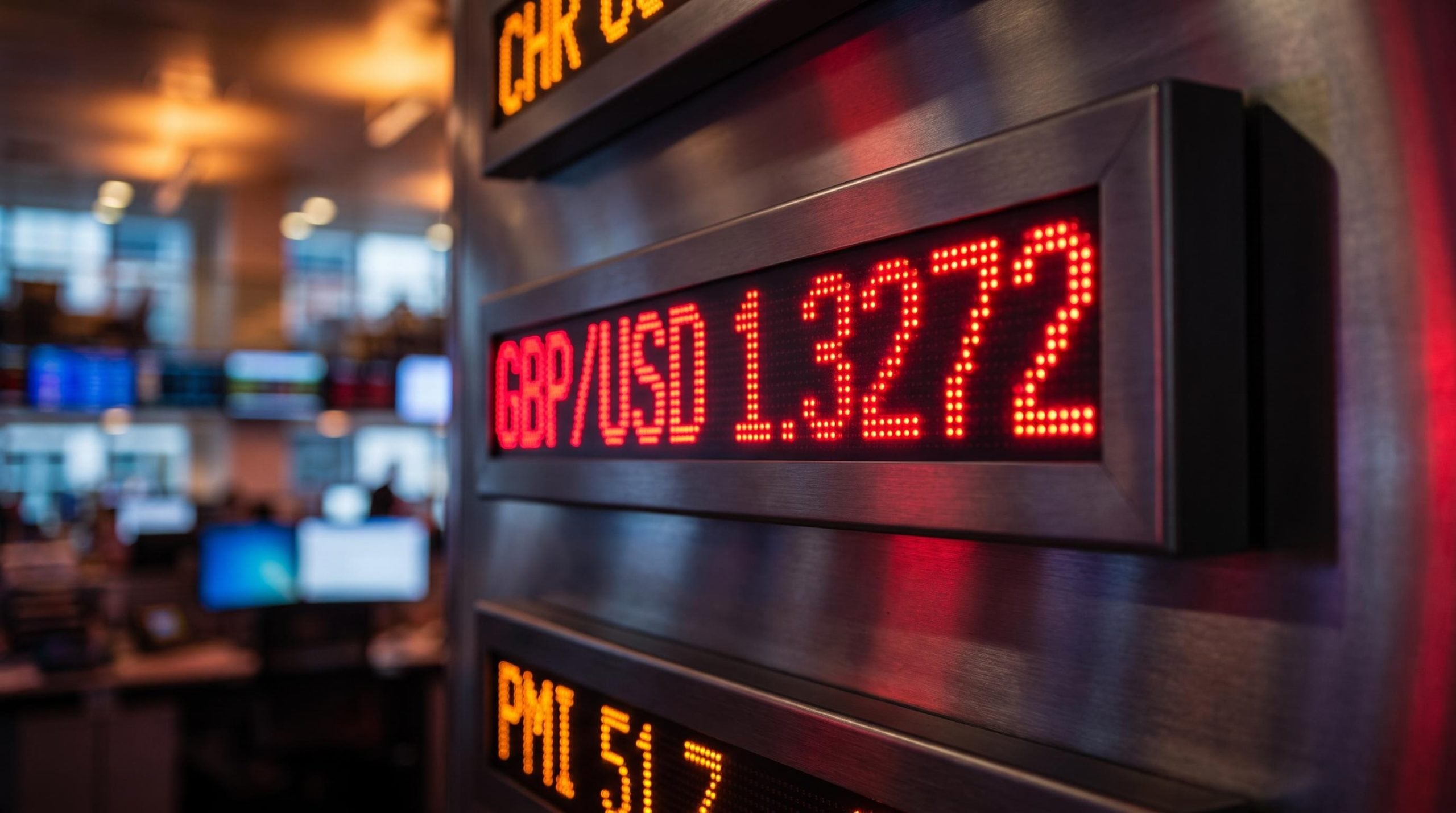 GBP/USD rate display showing 1.3272, a 12-week low, on a red-lit trading board after UK PMI miss