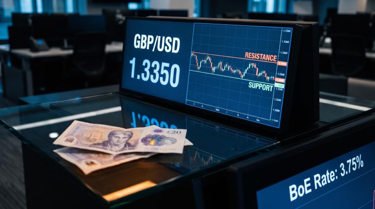 GBP/USD trading screen showing 1.3350 with flat rangebound chart despite UK retail sales beat